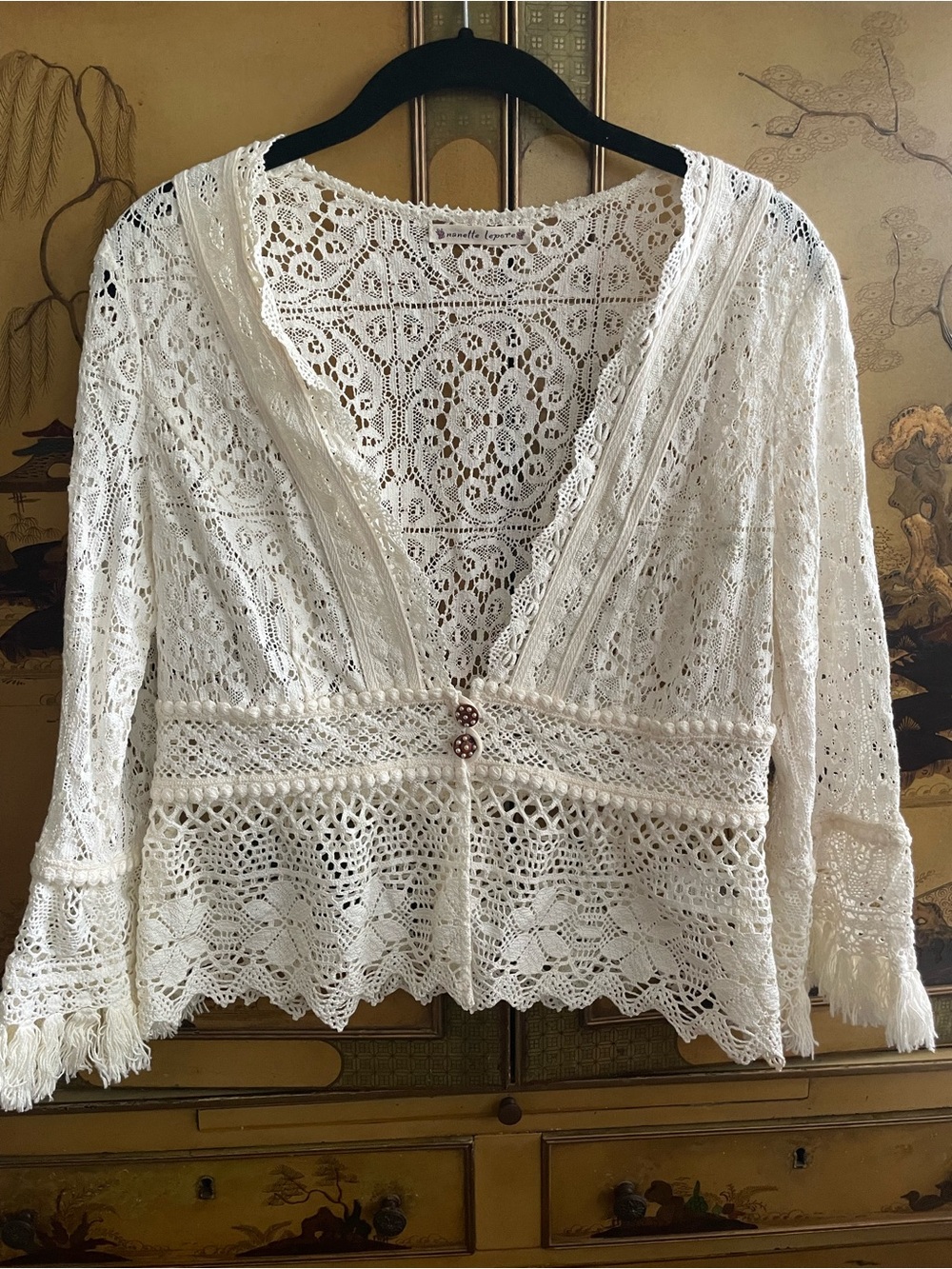 NANETTE LEPORE VTG Ivory Crochet LACE FRINGE Bell Sleeve BOHO Jacket Top RARE! - Picture 1 of 9